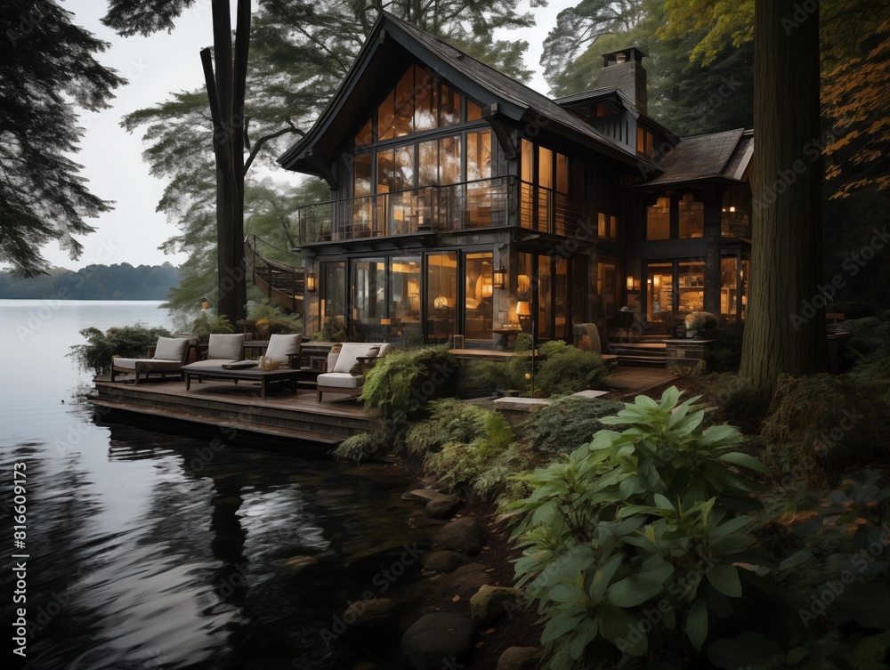 Fototapeta premium Guests Enjoy Cozy Evening at Lakeside Cabin in Autumn