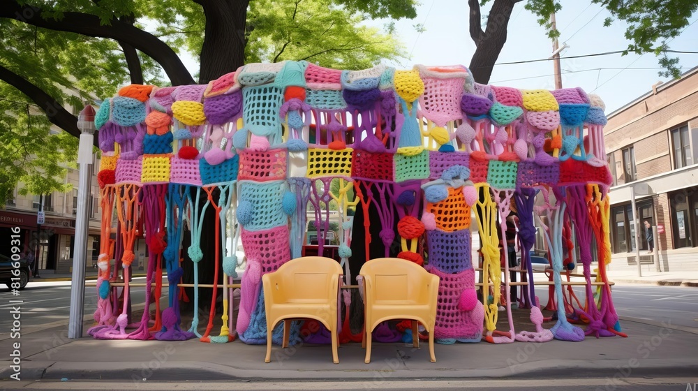 Naklejka premium Colorful yarn installation surrounds two chairs in an urban setting.