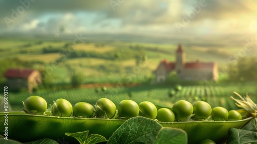 A detailed view of organic peas in a pod, with the farm landscape in the background.