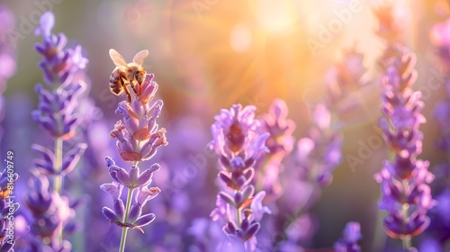 Sun-kissed Lavender Field with Busy Bee  Perfect for Relaxation Imagery and Natural Backgrounds. Soft Focus  Vibrant Colors. Ideal for Wellness Content. AI