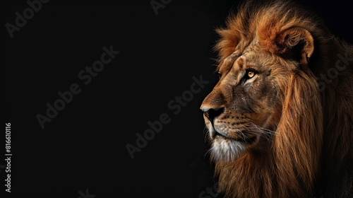 Black background  solitary lion in the foreground