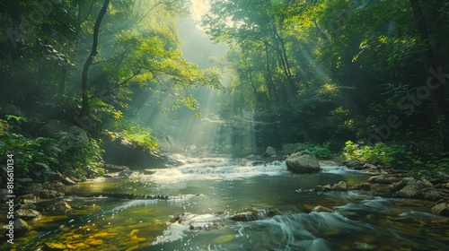 The photo shows a beautiful landscape with a river flowing through a forest