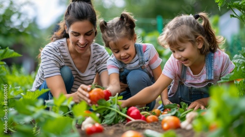 A family harvesting vegetables together in an organic farm