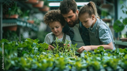 A family tending to plants in a hydroponic vegetable farm