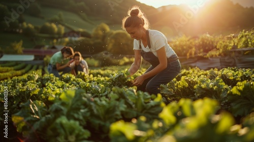 A family working together to harvest vegetables in a closed system farm photo
