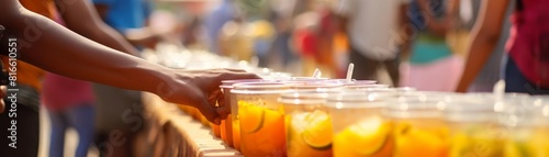 Crowded hands reaching for plastic containers of a sweet and juicy orange slices photo