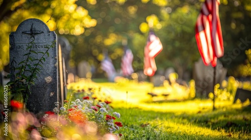 Memorial Day remembrance with flags and tombstones.