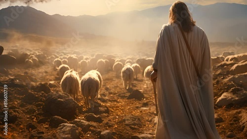 Shepherd Jesus Christ leading the sheep and praying to God