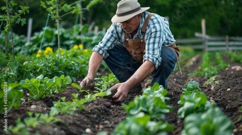 A farmer applying organic compost to a vegetable bed  promoting soil health and fertility.