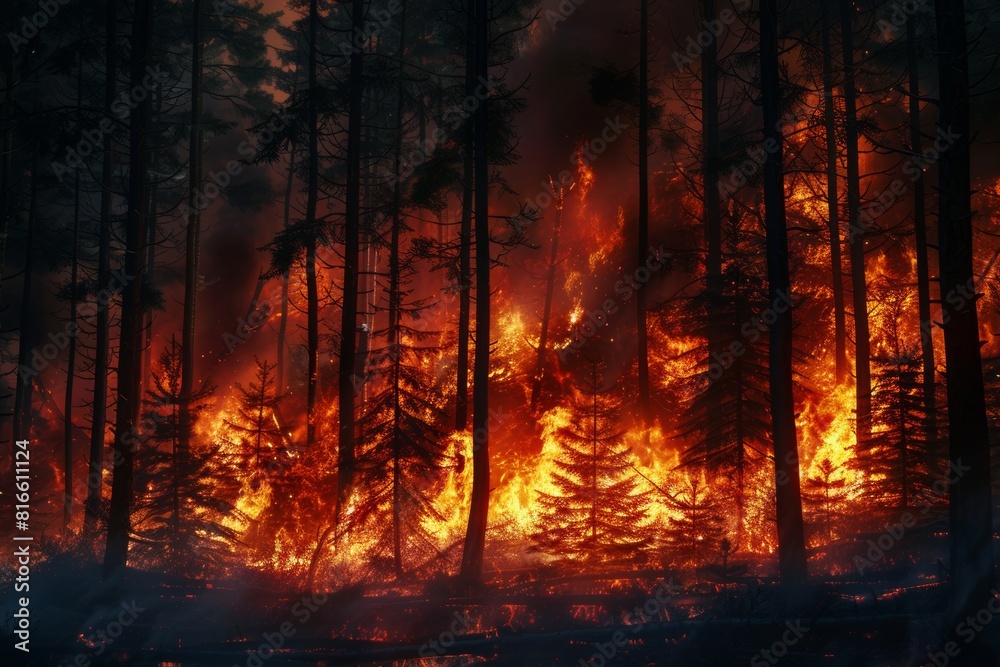 Intense Forest Fire Raging Through Pine Trees at Night
