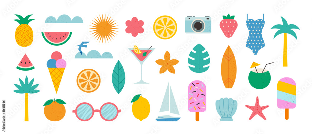 Summer icons set. Holiday beach elements for tropical vacation. Minimalist geometric style. Boat, surfboard, watermelon, lemon, seashell, photo camera, palm tree. Vector flat illustration. Summer icons set. Holiday beach elements for tropical vacation. Minimalist geometric style. Boat, surfboard, watermelon, lemon, seashell, photo camera, palm tree. Vector flat illustration.