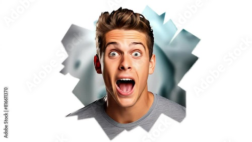 A man with an extremely surprised expression and open mouth, eyes widened, crying out emotionally and showing immense surprise.