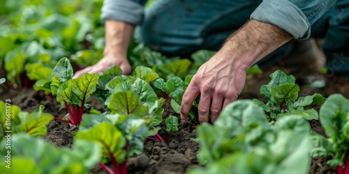 A farmer examining the leaves of organic beet plants for health.