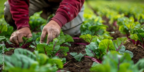 A farmer examining the leaves of organic beet plants for health.