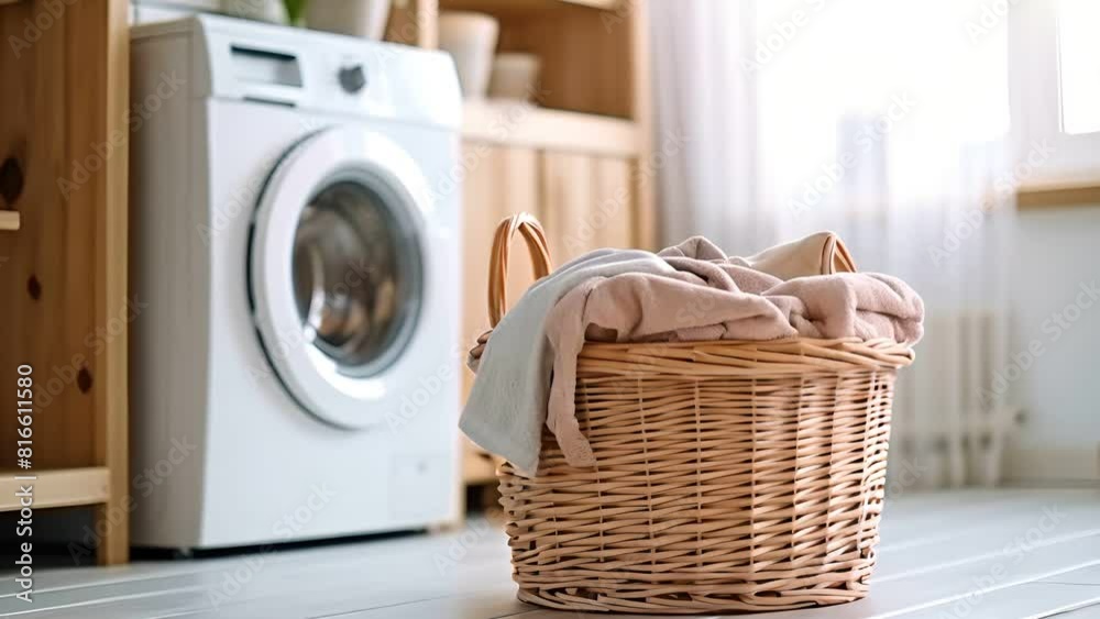 Laundry basket on a rack beside of a washing machine in laundry room