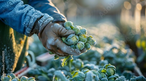 A farmer harvesting organic Brussels sprouts in the late fall, with a frosty background.