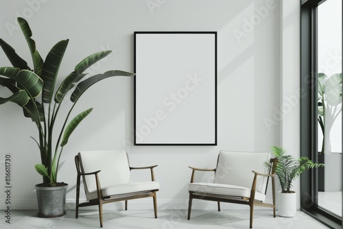 Minimalistic interior with empty frame and plants