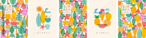 Summer vibe. Set of trendy abstract poster with modern pattern. Watermelon, seashell, sun, strawberry, palm leaf, surfboard, beach, flowers. Minimal geometric style. Template for banner, cover, card.