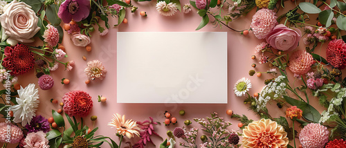 Wedding invitation on floral pink gold background A wedding invitation or greeting card mockup surrounded by various flowers