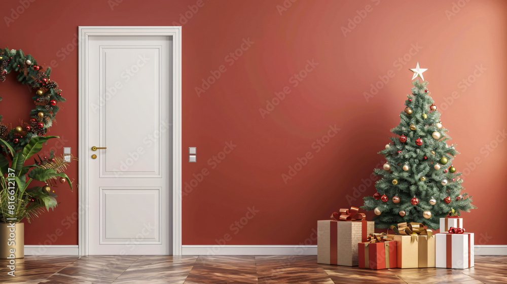 Interior of room with decorated white door Christmas t