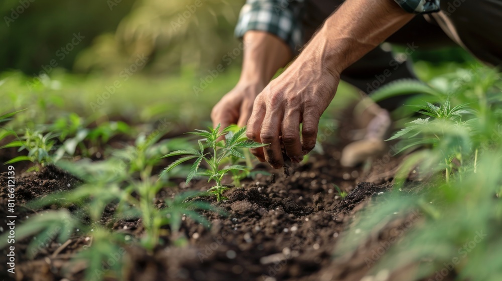 A farmer inspecting the soil quality in a cannabis field A farmer inspecting the soil quality in a cannabis field