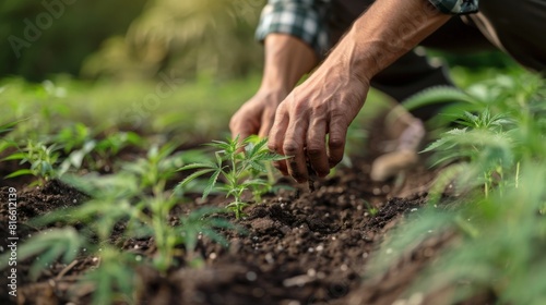 A farmer inspecting the soil quality in a cannabis field