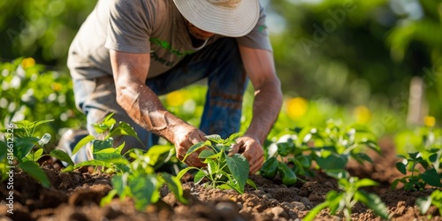 A farmer mulching around organic pepper plants to conserve moisture and suppress weeds. photo
