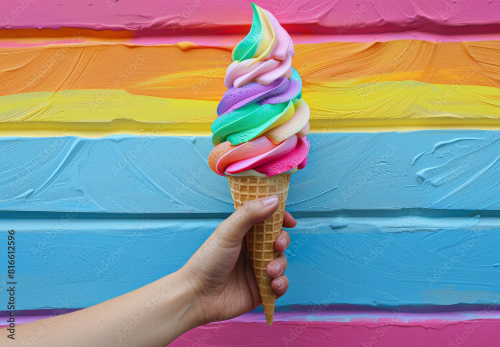 A hand holding an ice cream cone with rainbow colored swirls of soft ...