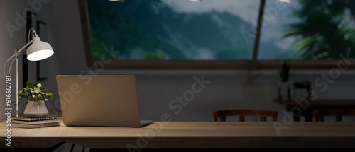 A laptop computer, books, a decor plant, and a table lamp on a wooden table in a dark room.