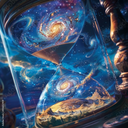 A gigantic hourglass filled with swirling galaxies instead of sand. photo