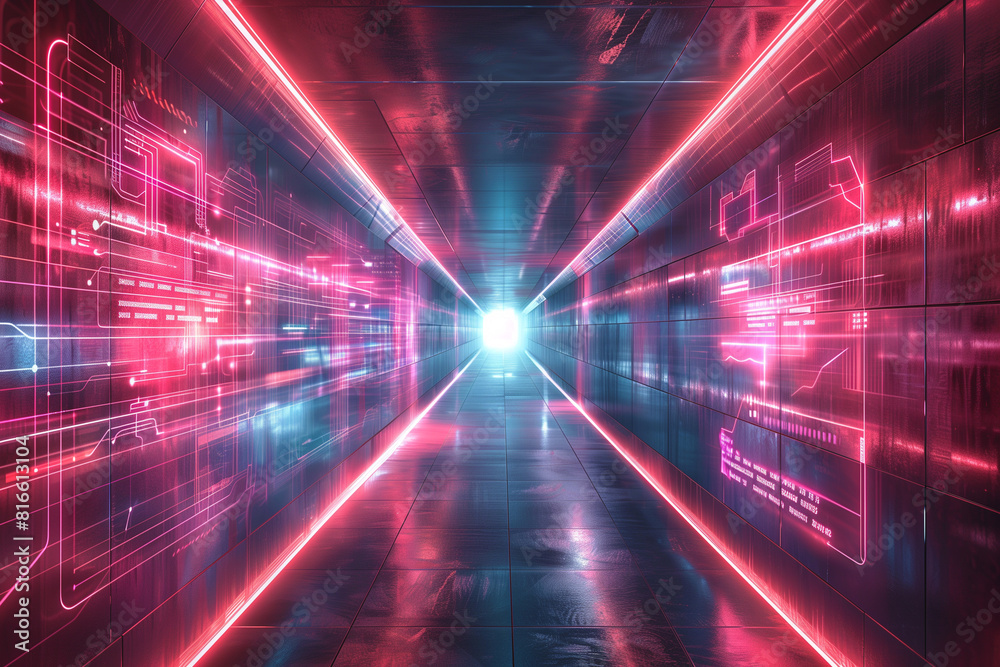 An empty, long, narrow hallway with red neon lights and glowing screens of data holograms and network latticework. An empty, long, narrow hallway with red neon lights and glowing screens of data holograms and network latticework.