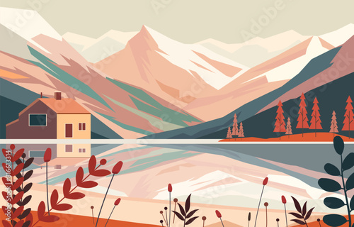 House in the Lakeside with Rocky Mountain View and Pine Tree Plant