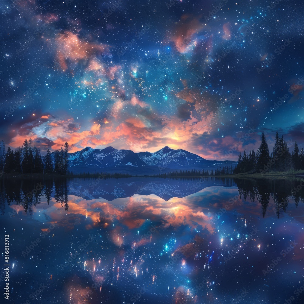 A serene lake reflecting a sky full of nebulae and distant galaxies.