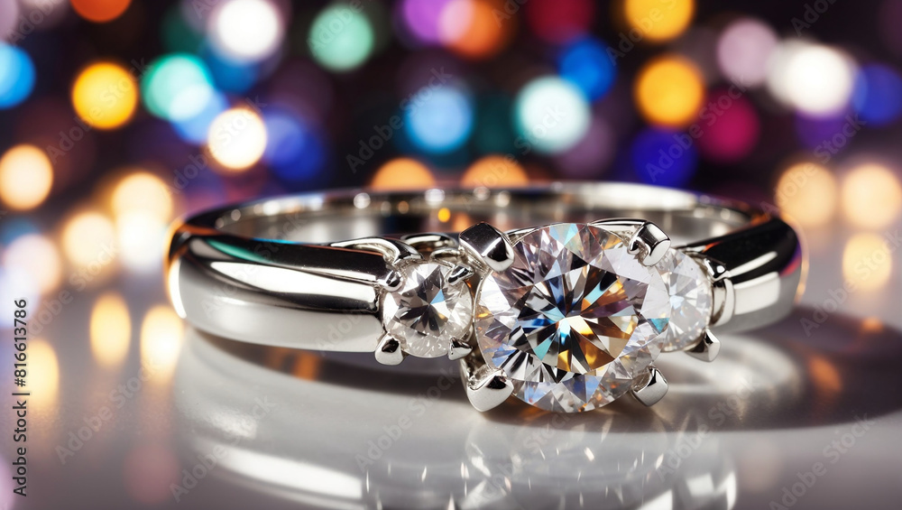 A diamond ring with two smaller diamonds on either side of a larger center diamond