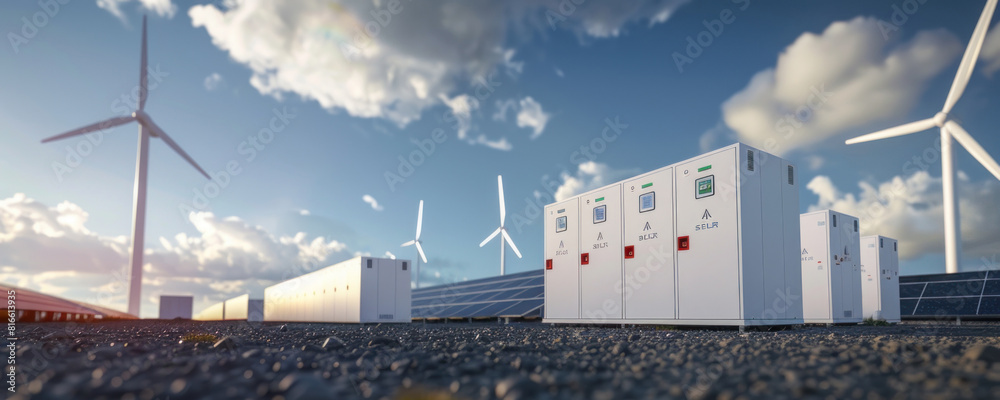 Concept of energy storage batteries system, wind power, wind turbines ...