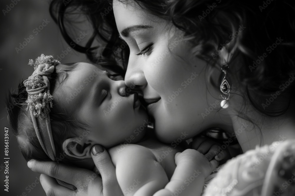 A tender moment captured between a mother and her newborn baby, showcasing the delicate beauty of infancy A tender moment captured between a mother and her newborn baby, showcasing the delicate beauty of infancy