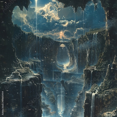 A surreal landscape where gravity is reversed  with waterfalls flowing upwards.