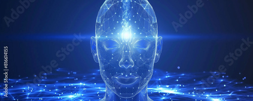 Glowing Blue Digital Artificial Intelligence Human Head with Light Particles