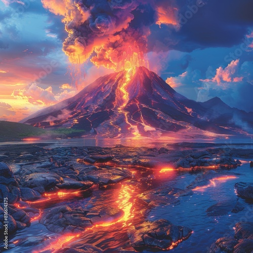 A volcanic eruption that releases glowing, multicolored lava.