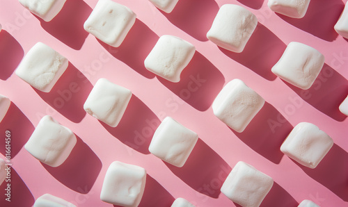 Sweet sugary marshmallow pattern flat lay, sunshine shadows on pastel pink background.