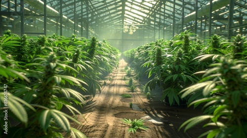 A greenhouse filled with lush  green cannabis plants in neat rows
