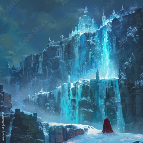 An ice castle emerging from a frozen waterfall. 