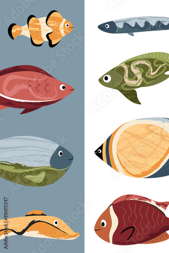Nautical modern poster, fish. Template for poster, postcard, banner. Vector illustration in flat modern style. 
