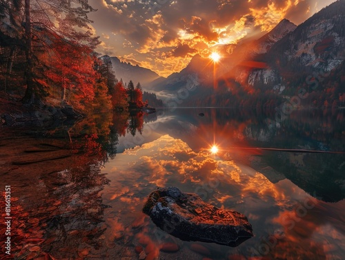 Stunning Mountain Lake at Sunset with Autumn Foliage, breathtaking sunset over a tranquil mountain lake surrounded by vibrant autumn foliage, reflecting the dramatic sky and colorful leaves
