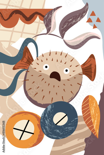 Nautical modern poster. Abstract shapes, fish, sea plants. Template for poster, postcard, banner. Vector illustration in flat modern style. 
