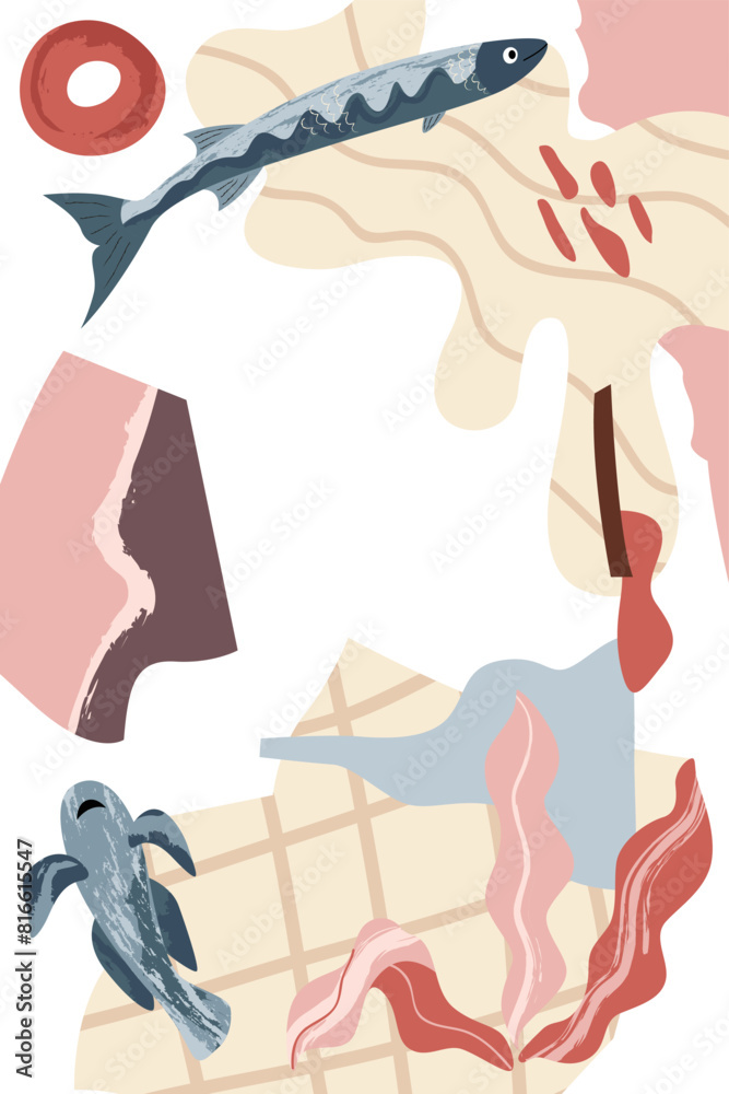 Obraz premium Nautical modern poster. Abstract shapes, fish, sea plants. Template for poster, postcard, banner. Vector illustration in flat modern style. 
