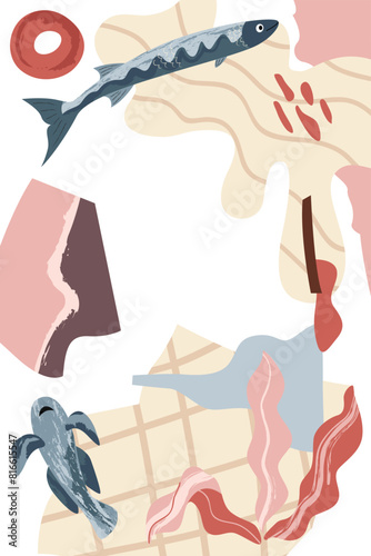 Nautical modern poster. Abstract shapes, fish, sea plants. Template for poster, postcard, banner. Vector illustration in flat modern style. 
