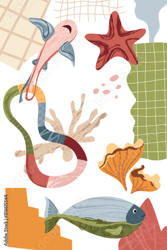 Nautical modern poster. Abstract shapes, fish, sea plants. Template for poster, postcard, banner. Vector illustration in flat modern style. 
