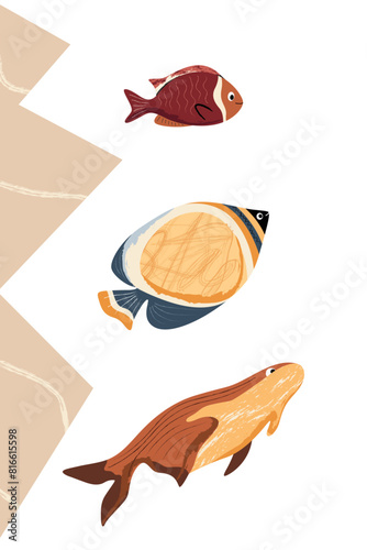 Nautical modern poster. Abstract shapes, fish. Template for poster, postcard, banner. Vector illustration in flat modern style. 
