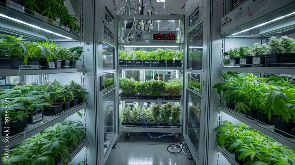 A high-tech cannabis cultivation lab with automated nutrient delivery systems